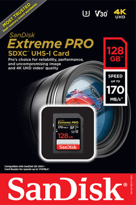 SanDisk Extreme PRO 128 Go Carte mémoire SDXC jusqu'à 170 Mo/s, Classe 10,  U3, V30, 4K UHD pour appareil photo